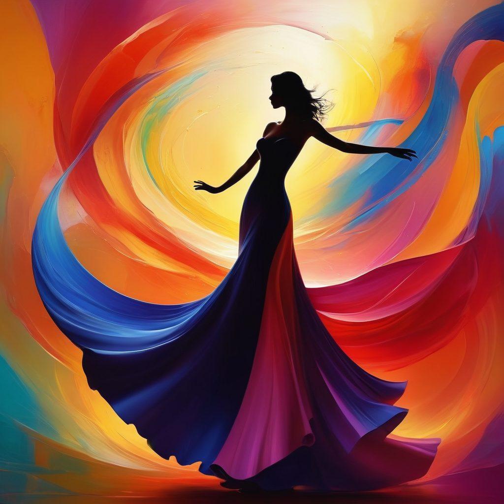 A vibrant fusion of colors depicting an abstract landscape, where silhouettes of people engage in joyful expressions of sensuality and art. Include flowing curves and soft lighting elements to evoke a sense of passion and exploration. Incorporate elements of entertainment, like music notes and dance figures, to represent the dynamic aspects of sensuality. The atmosphere should be warm and inviting, inspiring the viewer to explore. abstract art. vibrant colors. soft focus.