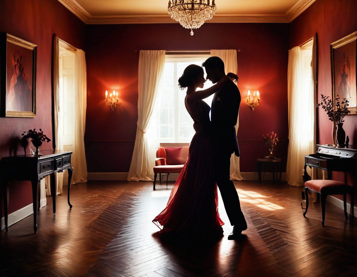 A sensuous, dimly-lit room filled with elegant silhouettes of couples engaging in intimate gestures, showcasing a dance of desire and connection. Soft shadows play on the walls, while rich fabrics drape and allure. In the background, abstract art reflecting passion and longing adds depth, inviting the viewer into this enchanting realm. The color palette includes deep reds, golds, and hints of soft pastel tones. super-realistic. moody atmosphere. warm lighting.
