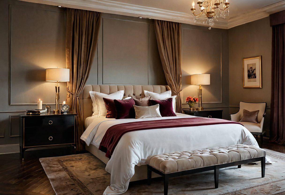 A serene and alluring scene depicting a luxurious bedroom, softly lit with candles, draped in silk and velvet fabrics. Include elements like artfully arranged sensual accessories, a hint of abstract art on the walls, and a glass of wine on a nightstand, evoking comfort and intimacy. The atmosphere should feel inviting and elegant, emphasizing the fusion of art and sensuality. super-realistic. warm tones. soft focus.